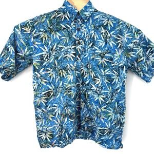 Pete Huntington Shirt Mens Small Blue Batik Leaf Print Cotton Short Sleeve Bali